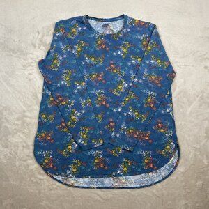 Lands End Womens Long-Sleeve Blue Floral Tunic Top Size L Cotton Blend